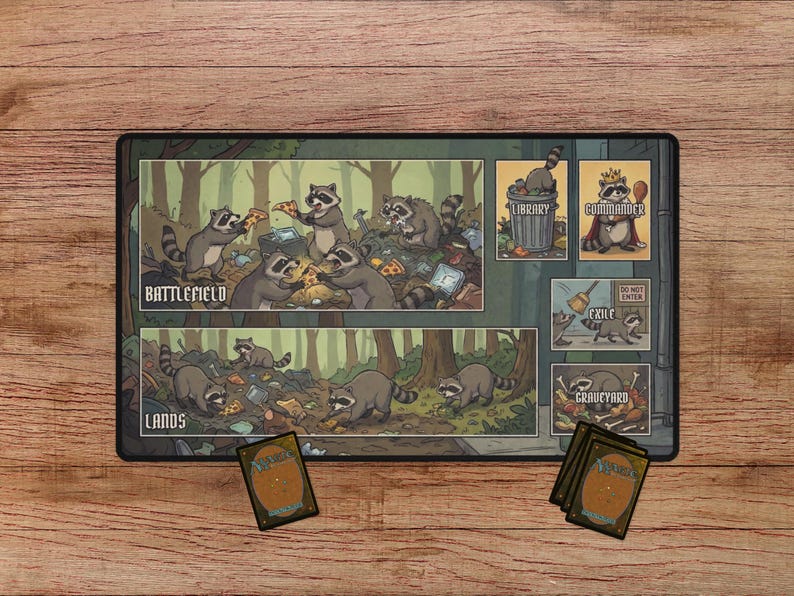 K&ouml;nnte beinhalten: Ein Spielmatte mit einer Illustration von Waschb&auml;ren in einem Wald. Die Matte hat Abschnitte f&uuml;r "Battlefield", "Lands", "Library", "Commander", "Exile" und "Graveyard". Mehrere Spielkarten sind ebenfalls sichtbar.
