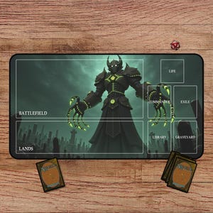 Necromancer Knight Playmat – MTG, TCG Fantasy Art in a Haunted Green Graveyard, Dark Fantasy Playmat, MTG Playmat With Zones