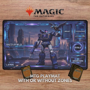 Pode incluir: Um tapete de jogo MTG retangular com um robô azul e roxo e um pássaro, contra um cenário urbano futurista. O tapete de jogo inclui zonas para Battlefield, Lands, Library, Commander, Exile e Graveyard. O texto "MTG PLAYMAT WITH OR WITHOUT ZONES" também é visível.