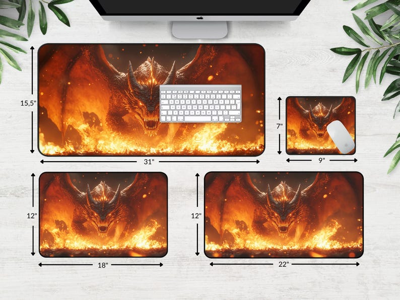May include: A set of four mouse pads featuring a fiery dragon design. The largest mouse pad is 31 inches by 15.5 inches, the next largest is 22 inches by 12 inches, and the two smallest are 18 inches by 12 inches and 9 inches by 7 inches.