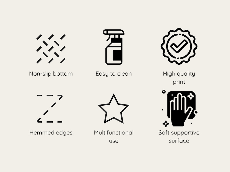 K&ouml;nnte beinhalten: Grafik mit sechs Symbolen und Text. Die Symbole stehen f&uuml;r Eigenschaften wie rutschfester Boden, einfache Reinigung, hochwertiger Druck, ges&auml;umte Kanten, multifunktionale Verwendung und eine weiche, st&uuml;tzende Oberfl&auml;che.