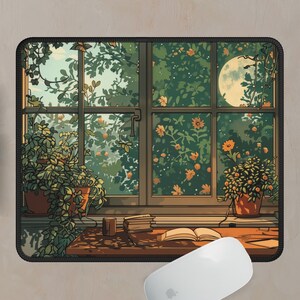 Lofi desk mat featuring a cozy reading area and library of books