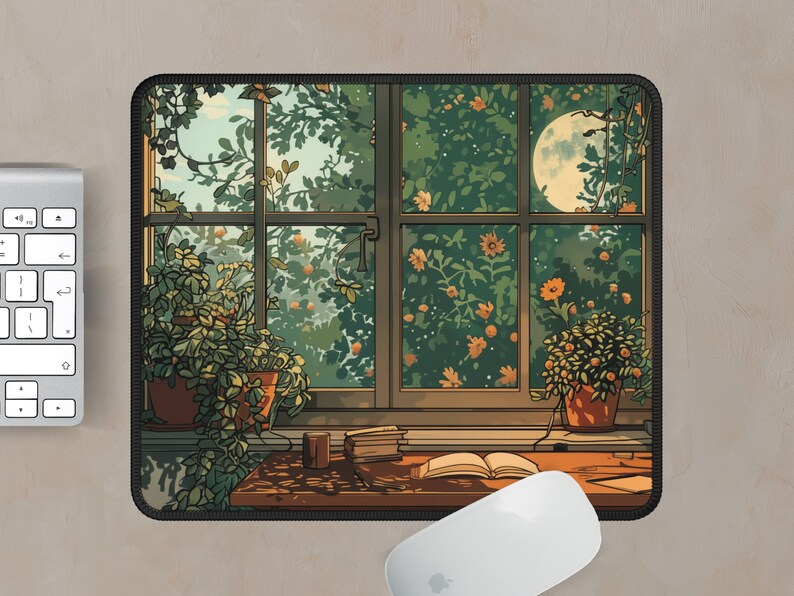Lofi desk mat featuring a cozy reading area and library of books