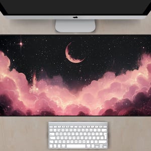 Pink Clouds And Moon Desk Mat, Moon Mousepad, Pink Mouse Pad, Desk Mat Aesthetic, Night Sky Desk Mat, Dark Desk Mat, Celestial Desk Mat