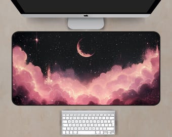 Pink Clouds And Moon Desk Mat, Moon Mousepad, Pink Mouse Pad, Desk Mat Aesthetic, Night Sky Desk Mat, Dark Desk Mat, Celestial Desk Mat