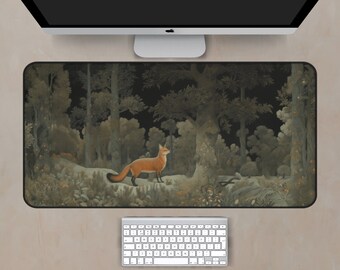 Fox in the Forest Desk Mat, Aesthetic Woodland Art Desk Mat, Extra Large Desk Mat for Gamers and Nature Lovers, Vintage Desk Mat