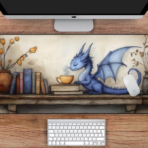 May include: A blue dragon with wings sits on a wooden shelf with a stack of books and a cup of tea. The dragon is looking at the teacup. The background is a watercolor painting of a room with plants and a window.