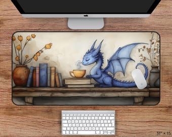 Cute Dragon Desk Mat, Blue Dragon Mouse Pad, Fantasy Desk Mat, Bookworm Desk Mat, Book Lover Gift, Study Mouse pad, Watercolor Art Desk Mat