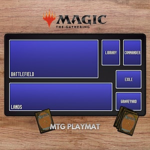 May include: A rectangular black playmat for Magic: The Gathering featuring blue zones labelled Battlefield, Lands, Library, Commander, Exile, and Graveyard. The mat includes the Magic: The Gathering logo at the top and displays several game cards.