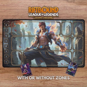 May include: A Riftbound League of Legends trading card game playmat with a central illustration of a muscular character with fiery hair and blue accents. The mat features zones and the text "WITH OR WITHOUT ZONES".