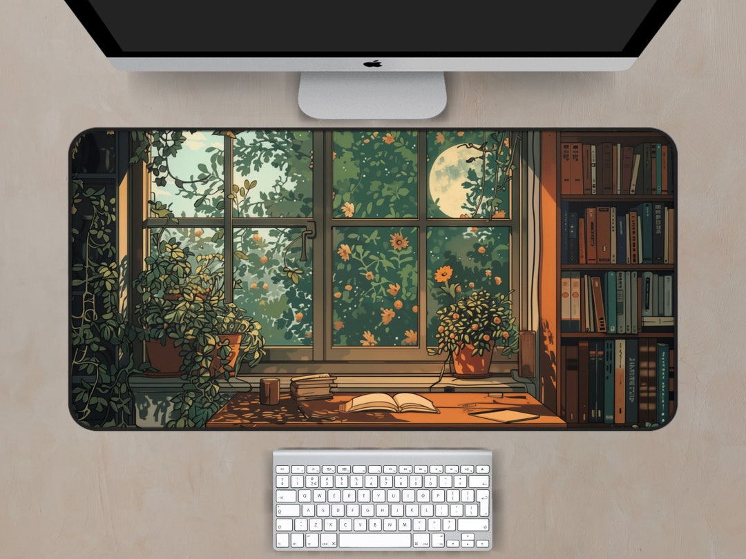 Lofi Cottagecore Desk Mat - Cozy and Aesthetic Library Scene With ...