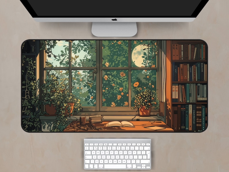 Cozy reading nook desk mat featuring a window with houseplants and a library of books