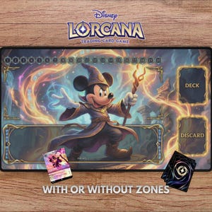 May include: A Disney Lorcana trading card game playmat featuring Mickey Mouse as a wizard with a staff. The mat has zones for the deck and discard pile, and includes the text "WITH OR WITHOUT ZONES".