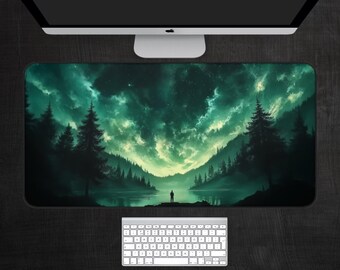 Tappetino per mouse da gioco Green Aurora, tappetino da scrivania da gioco XXL con paesaggio forestale verde - Tappetino per mouse estetico a tema natura per una configurazione minimalista della scrivania