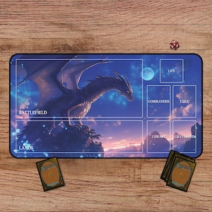 Celestial Dragon Playmat – MTG, TCG Fantasy Art with Ocean & Starry Sky, Fantasy Playmat, MTG Playmat With Zones, Fantasy Desk Mat