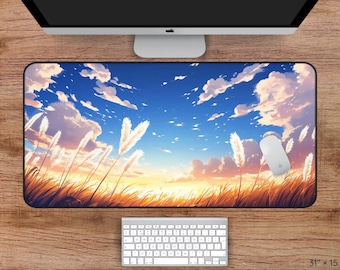 Lofi Anime Desk Mat, Field and Sky Desk Mat, Anime Nature Desk Mat, Anime Mouse Pad, Cozy Desk Mat,