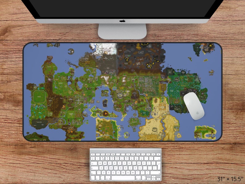 A desk mat with a map on it on a brown desk