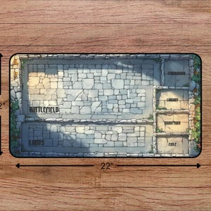 May include: A 22 inch by 12 inch game board with a stone-like design. The board is divided into different areas labeled "Battlefield", "Courtyard", "Library", "Grouchyard", and "Exile".