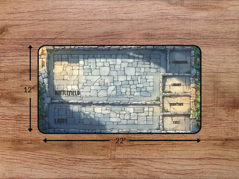 May include: A 22 inch by 12 inch game board with a stone-like design. The board is divided into different areas labeled "Battlefield", "Courtyard", "Library", "Grouchyard", and "Exile".
