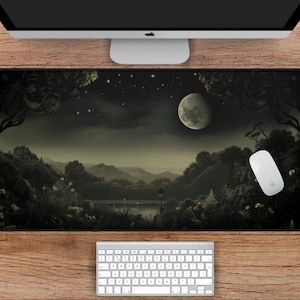 Midnight Moon Desk Mat, Dark Landscape Desk Mat, Gothic Desk Mat for a Witchy Workspace, Starry Night Desk Mat for a Gothic Office Retreat