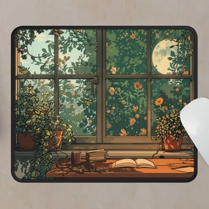 Desk mat with an aesthetic design of a cozy reading area by the window