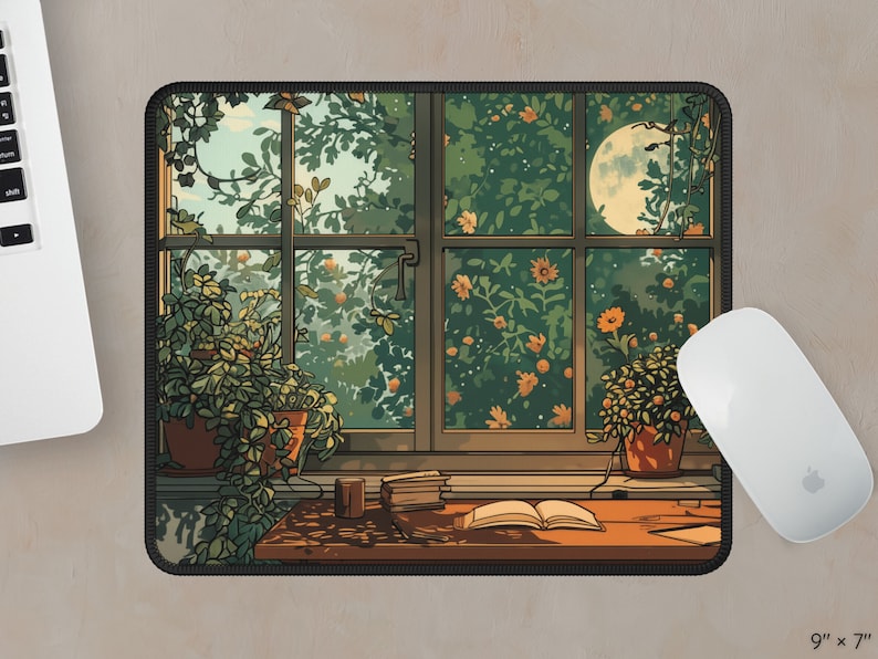 Desk mat with an aesthetic design of a cozy reading area by the window