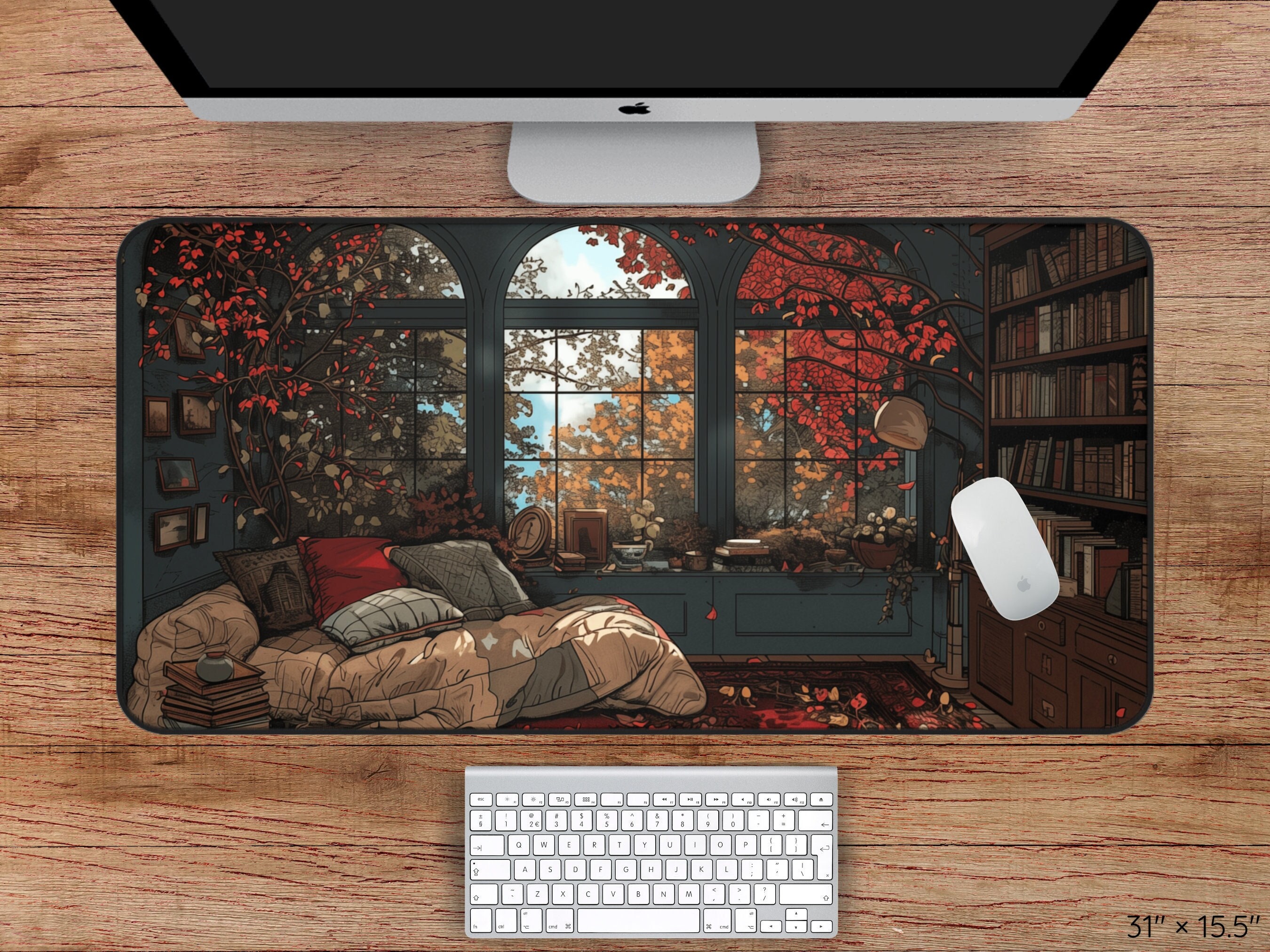 Dark Cottagecore Desk Mat & Mousepad, Cozy Fall Library Desk Mat ...