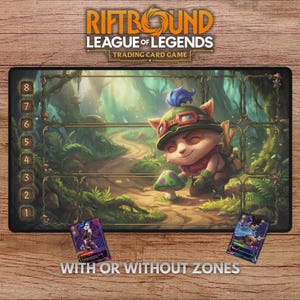 May include: A Riftbound League of Legends trading card game playmat. The mat features a colorful illustration of a character in a forest setting, with numbered zones and two cards. The text "WITH OR WITHOUT ZONES" is at the bottom.