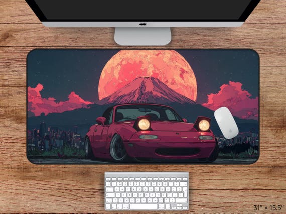 Red Miata Desk Mat – Retro JDM Car Mouse Pad with City Skyline and Moon – Aesthetic Gaming Mat for Car Lovers & Enthusiasts