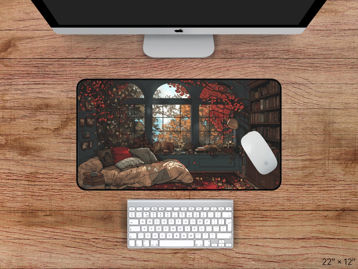 Dark Cottagecore Desk Mat & Mousepad, Cozy Fall Library Desk Mat ...