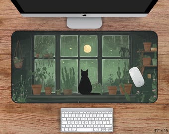 Beautiful Rainy Night Desk Mat with Green Plants, Anime Black Cat Kawaii Large Gaming Mousepad, Moonlight Desk Pad Aesthetic Mousepad XXL