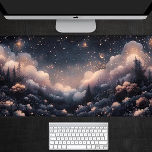 Starry Forest Night Desk Mat, Celestial Desk Mat, Cute Starry Night Desk Mat, Night Landscape Desk Mat, Nature Mousepad, Night Mouse Pad