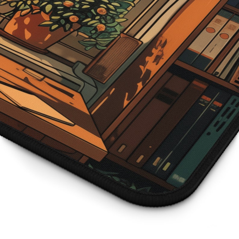 Large desk mat depicting a cozy reading nook with books and plants