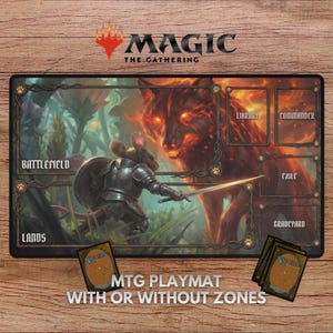 May include: MTG playmat with a fantasy illustration of a mouse knight and a fiery wolf. The playmat includes zones labelled "Battlefield", "Lands", "Library", "Commander", "Exile", and "Graveyard". Text reads "MTG Playmat With or Without Zones".