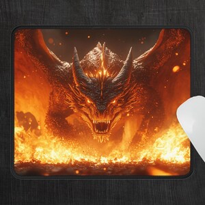 May include: A fiery orange and red dragon with glowing eyes and sharp teeth emerges from a bed of flames. The dragon's wings are spread wide, and its claws are extended.