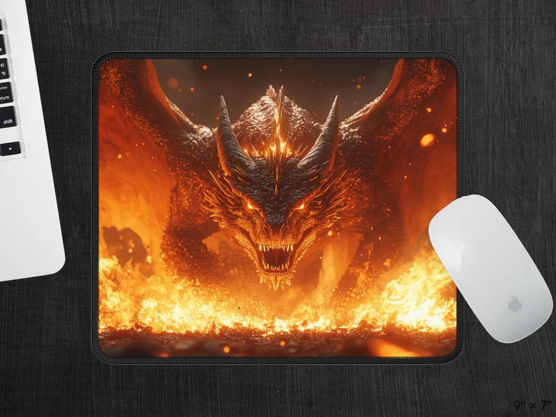 May include: A fiery orange and red dragon with glowing eyes and sharp teeth emerges from a bed of flames. The dragon's wings are spread wide, and its claws are extended.