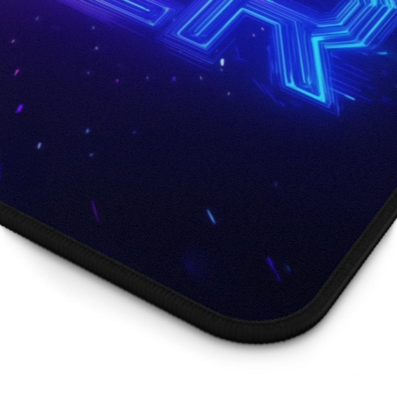 May include: A blue and purple neon light design on a black background. The design is a stylized letter "R" with a glowing effect.