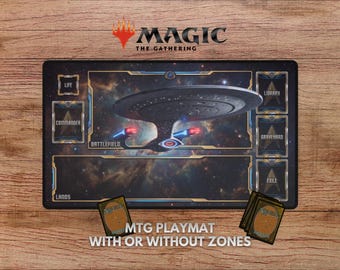 May include: A rectangular Magic: The Gathering playmat featuring a space-themed background with a Star Trek starship in the center. The mat includes designated zones labeled Life, Commander, Battlefield, Library, Graveyard, Exile, and Lands, with text reading MTG PLAYMAT WITH OR WITHOUT ZONES.