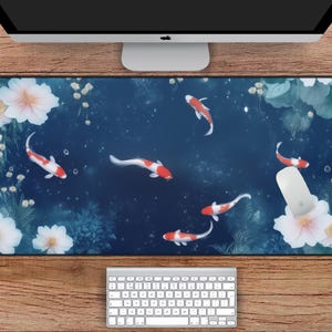 Koi Pond Mousepad, Koi Fish Desk Mat, Japanese Desk Mat, Koi Fish Mousepad, Pond Desk Mat, Pond Mousepad, Blue Desk Mat