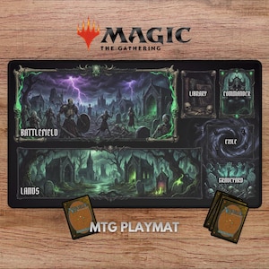 May include: Black MTG playmat with a fantasy graveyard scene, lightning, and the words "Battlefield" and "Lands". Includes areas for Library, Commander, Exile, and Graveyard. Several cards are visible.