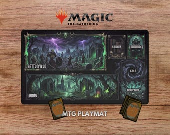 May include: Black MTG playmat featuring a fantasy graveyard scene with lightning, and the words "Battlefield" and "Lands". Includes areas for Library, Commander, Exile, and Graveyard. Several cards are visible.