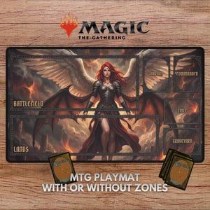 May include: A Magic: The Gathering playmat featuring a fantasy illustration of a woman with wings, in a dark color palette. The playmat has zones for Battlefield, Lands, Library, Commander, Exile, and Graveyard. The text "MTG PLAYMAT WITH OR WITHOUT ZONES" is also visible.