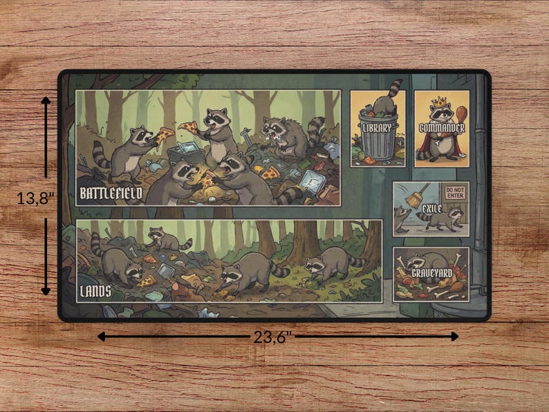 K&ouml;nnte beinhalten: Rechteckige Spielmatte mit Waschb&auml;ren-Motiv, 60 cm lang und 35 cm breit. Die Matte zeigt Illustrationen von Waschb&auml;ren in einer Waldumgebung, mit Textbeschriftungen wie "Battlefield" und "Lands".