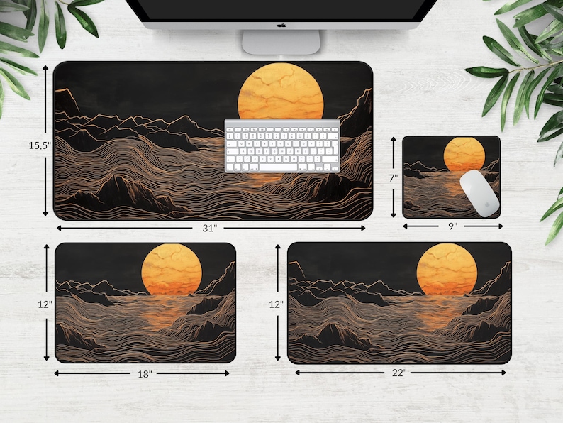 May include: Four different sizes of mouse pads with a black background and a gold line design. The design features a large orange sun and waves. The mouse pads are 31 inches by 15.5 inches, 18 inches by 12 inches, 22 inches by 12 inches, and 9 inches by 7 inches.