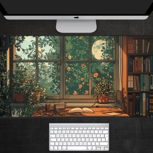 Book lover’s desk mat with a cozy reading nook and plants