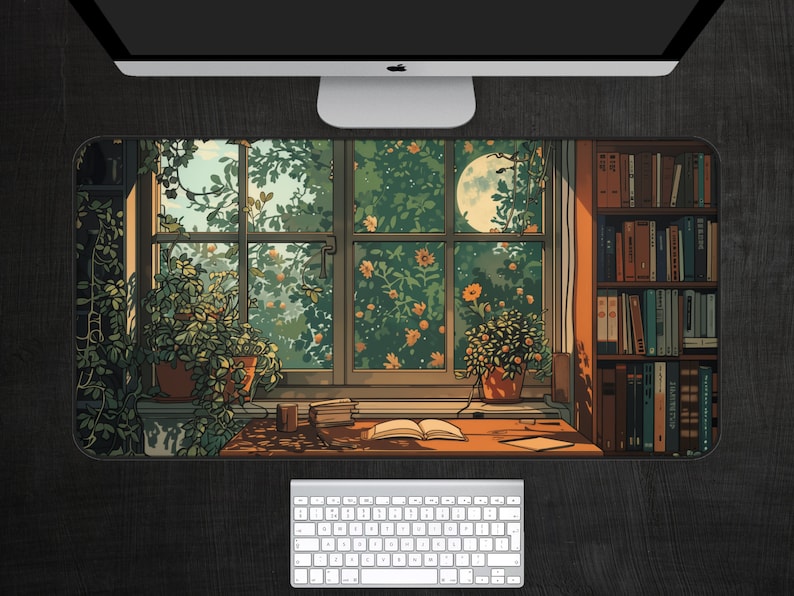 Book lover’s desk mat with a cozy reading nook and plants