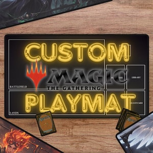 May include: A rectangular black playmat featuring the Magic The Gathering logo in red and white, with the yellow neon-style text CUSTOM MAGIC PLAYMAT overlaid. The mat includes white grid lines for game zones labeled Battlefield, Library, and Graveyard.