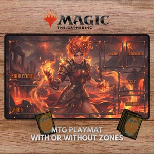 May include: A rectangular Magic The Gathering playmat featuring a central illustration of a fire-wielding character in armor. The mat includes labeled zones for Battlefield, Lands, Library, Commander, Exile, and Graveyard, with card stacks shown.