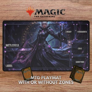May include: A Magic: The Gathering playmat featuring a dark fantasy illustration of a woman in a black and purple gown. The playmat has zones labeled "Battlefield," "Lands," and others. The text "MTG Playmat With or Without Zones" is also visible.