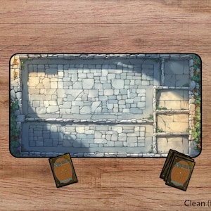 May include: A printable tabletop gaming map featuring a stone courtyard with a light gray and white color scheme. The map is designed for role-playing games and includes a variety of details, such as walls, doors, and windows.